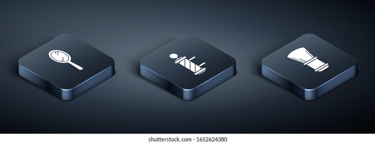Ajuste el espejo de mano isométrica, el pincel de espuma y el icono del bastón de barbería clásico. Vector