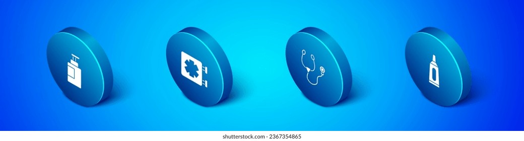 Set Isometric Hand sanitizer bottle, Stethoscope, Ointment cream tube medicine and Medical symbol of the Emergency icon. Vector