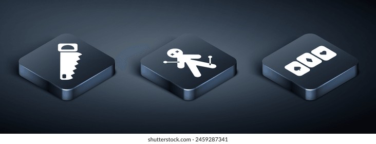 Set Isometric Hand saw, Playing cards and Voodoo doll icon. Vector