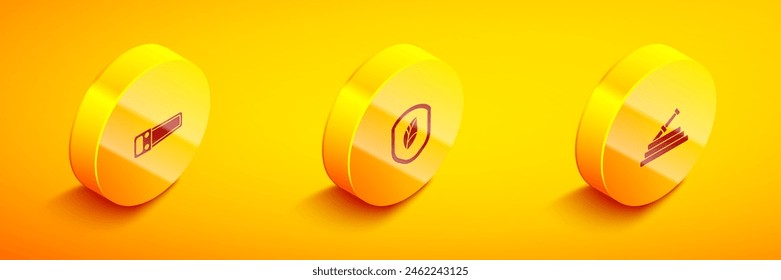 Set Isometric Hand saw, Shield with leaf and Garden hose or fire hose icon. Vector