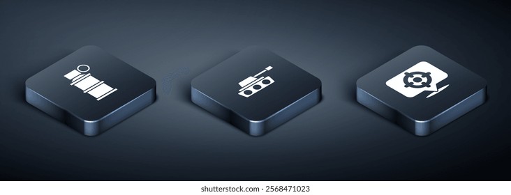 Set Isometric Hand smoke grenade, Target sport and Military tank icon. Vector