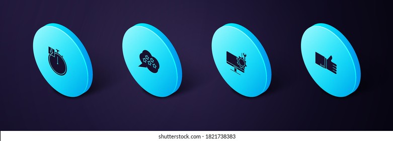Set Isometric Hand thumb up, Computer monitor service, Five stars rating review and Stopwatch icon. Vector.