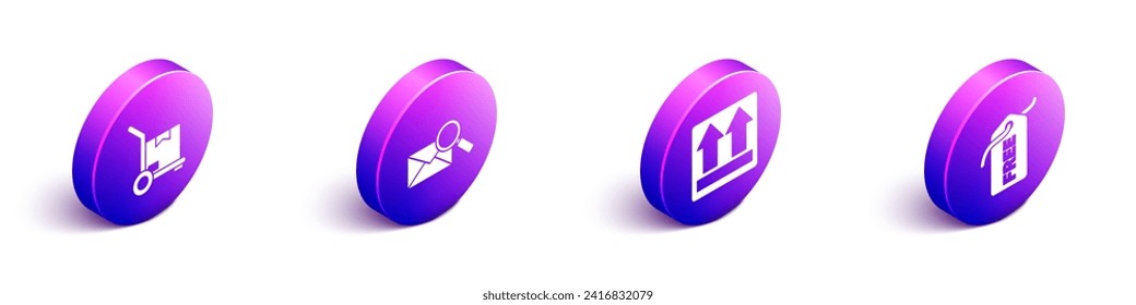 Set Isometric Hand truck and boxes, Envelope with magnifying glass, This side up and Price tag with Free icon. Vector