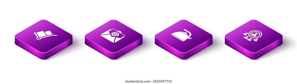 Set Isometric Hand truck and boxes, Mail e-mail, Kettle with handle and Marketing target strategy icon. Vector