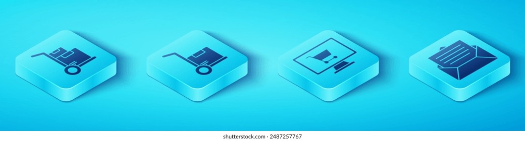 Set Isometric Hand truck and boxes, Hand truck and boxes, Envelope and Shopping cart on computer icon. Vector