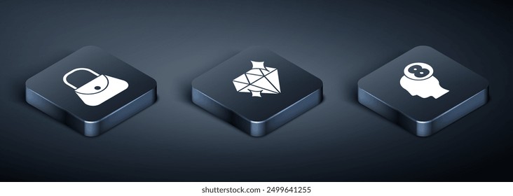 Conjunto de bolso isométrico, 8 de marzo en cabeza humana e icono de diamante. Vector