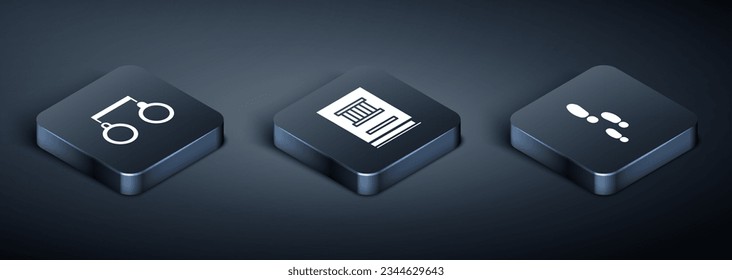 Set Isometric Handcuffs, Footsteps and Law book icon. Vector