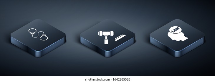 Set Isometric Handcuffs, Head with law and Judge gavel icon. Vector
