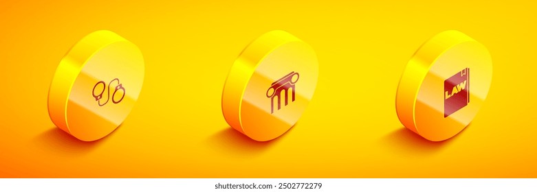 Set Isometric Handcuffs, Law pillar and book icon. Vector