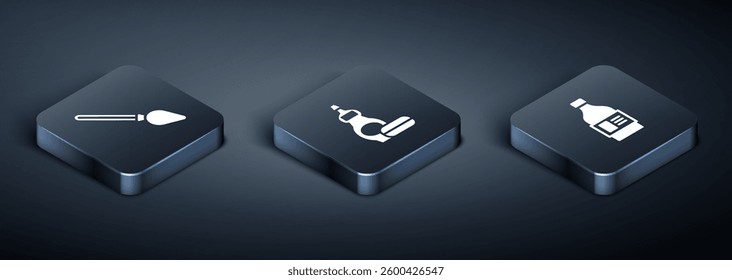 Set Isometric Handle broom, Bottle for cleaning agent and Dishwashing liquid bottle icon. Vector