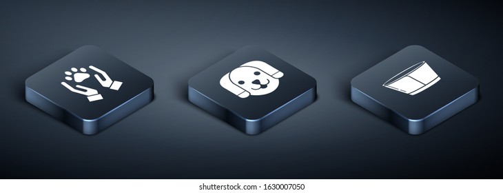 Set Isometric Hands with animals footprint, Protective cone collar and Dog icon. Vector