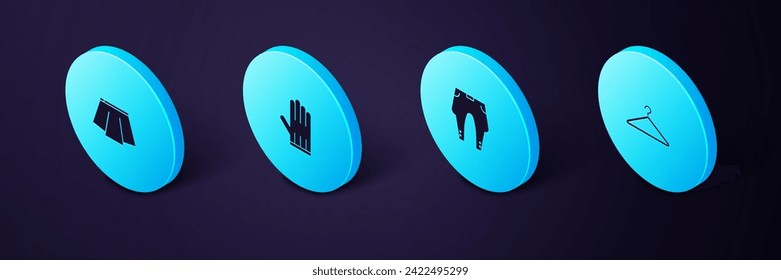 Set Isometric Hanger wardrobe, Pants, Leather glove and Skirt icon. Vector