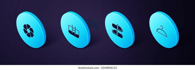 Set Isometric Hanger wardrobe, Sauna slippers, Swimming pool with ladder and Flower icon. Vector