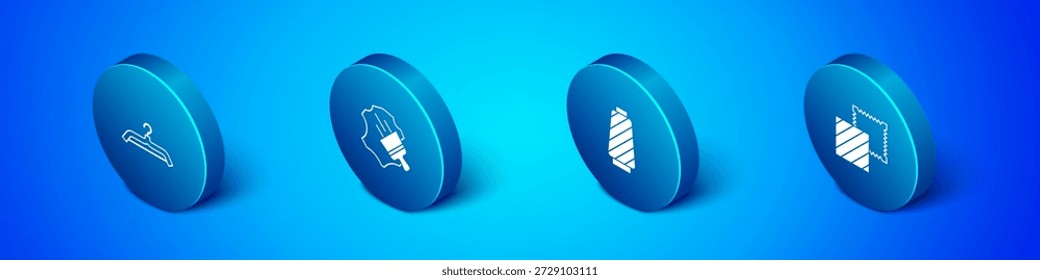 Conjunto de armario colgante isométrico, hilo de coser en carrete, rollo de tela textil e icono de cuero. Vector