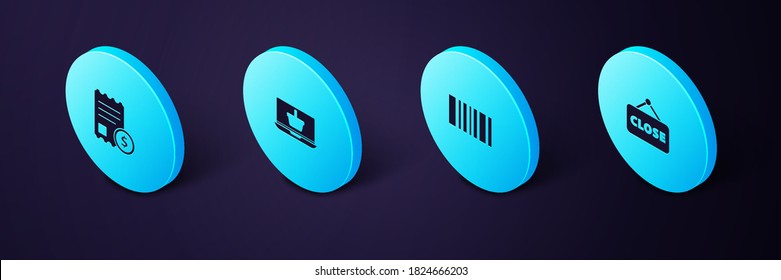 Establezca el signo de colgamiento isométrico con el icono Cerrado, Código de barras, Cesta de compras en portátil y Comprobación de papel e icono de comprobación financiera. Vector.