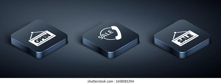 Set Isometric Hanging sign with Open, Hanging sign with Sale and Telephone 24 hours support icon. Vector