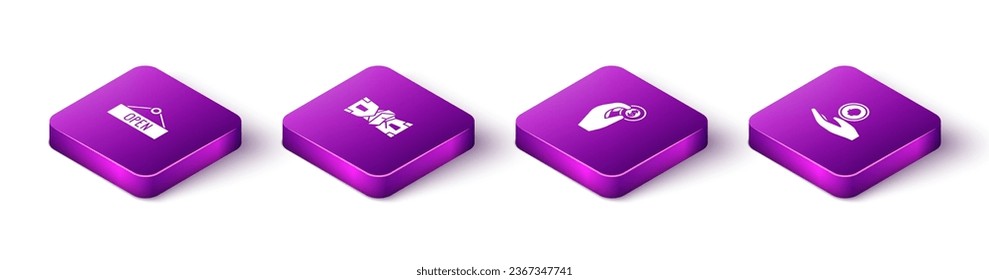 Set Isometric Hanging sign with Open, Crumpled paper money cash, Hand holding coin and  icon. Vector