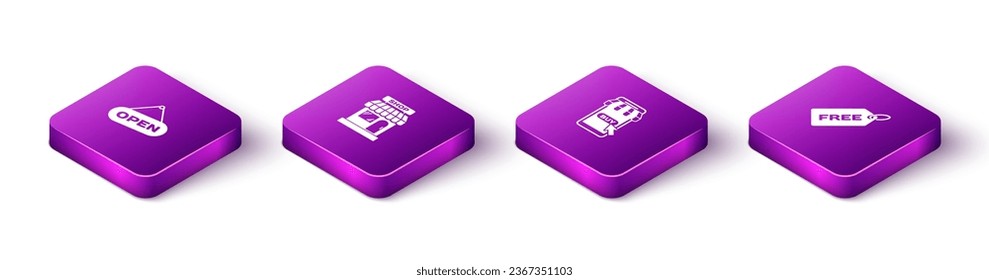 Fijar la señal de Colgar Isometric con la puerta abierta, la tienda de mercadería, el carro de la compra y el icono de Precio Libre. Vector