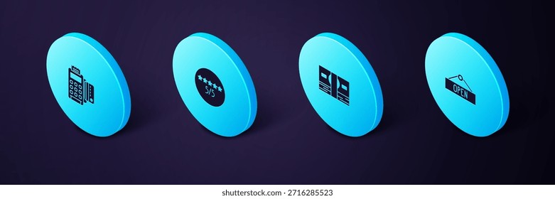 Set Isometric Hanging sign with Open, Stacks paper money cash, Consumer or customer product rating and POS terminal credit card icon. Vector