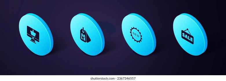 Set Isometric Hanging sign with Sale, Price tag text New,  and Monitor shopping basket icon. Vector