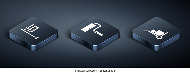 Set Isometric Hanging sign with text Rent, Hand truck and boxes and Paint roller brush icon. Vector