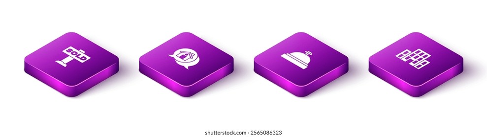 Set Isometric Hanging sign with text Sold, Real estate message house, Hotel service bell and House icon. Vector