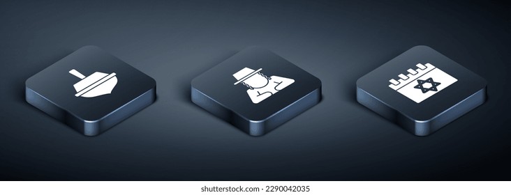 Set Isometric Hanukkah dreidel, Jewish calendar and Orthodox jewish hat icon. Vector