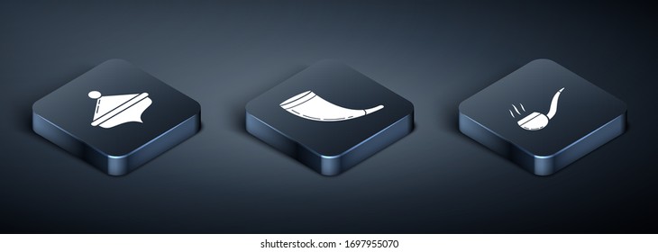 Set Isometric Hanukkah dreidel, Smoking pipe with smoke and Traditional ram horn, shofar icon. Vector