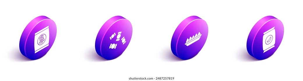 Set Isometric Hard bread chucks crackers, Candy, Nachos in plate and Bag or packet potato chips icon. Vector