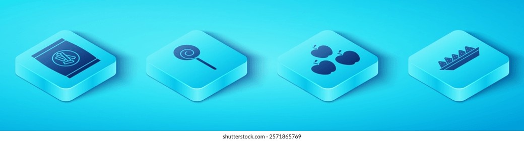 Set Isometric Hard bread chucks crackers, Lollipop, Nachos in plate and Apple icon. Vector