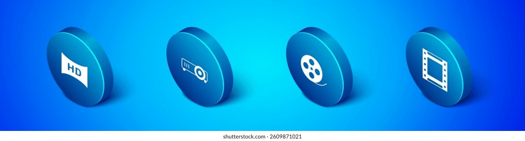 Set Isometric Hd movie, tape, frame, Film reel, Play video and Movie, film, media projector icon. Vector