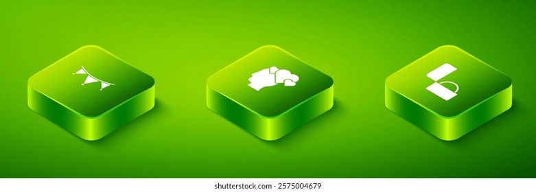 Set Isometric Head with heart, Diamond engagement ring and Carnival garland flags icon. Vector