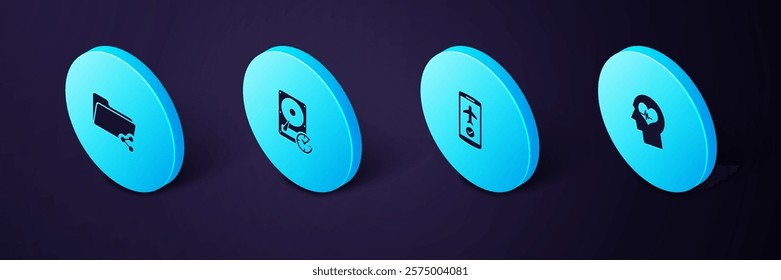 Set Isometric Head with heartbeat, Flight mode in the mobile, Hard disk drive clockwise and Share folder icon. Vector