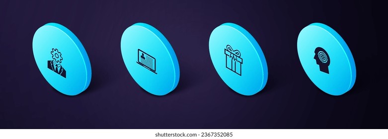 Set Isometric Head hunting concept, Gift box, Laptop with resume and gear inside icon. Vector