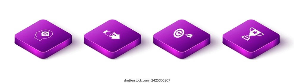Set Isometric Head hunting, Hand with pointing finger, Target and Award cup icon. Vector