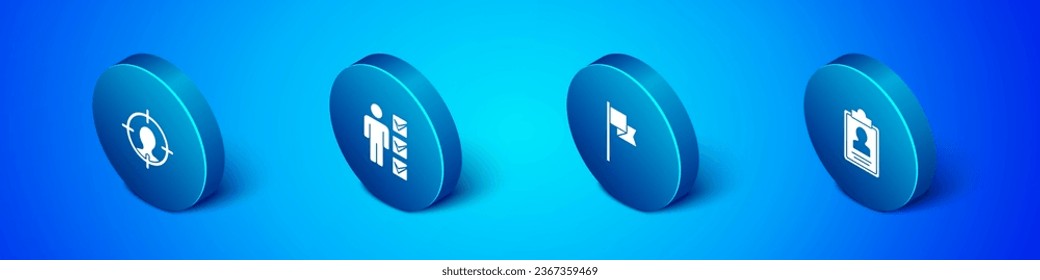 Set Isometric Head Jagen, Location Marker, Clipboard mit Lebenslauf und User of man Business Anzug Symbol. Vektorgrafik