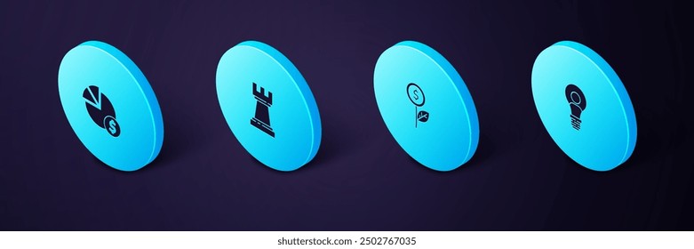 Set Isometric Head with lamp bulb, Dollar plant, Chess and Pie chart and dollar icon. Vector