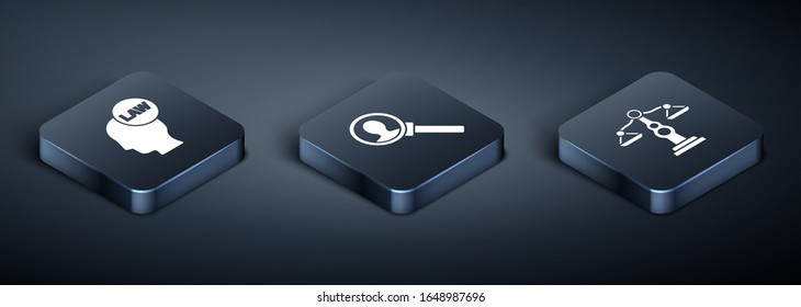 Set Isometric Head with law, Scales of justice and Magnifying glass for search icon. Vector