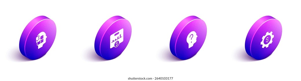 Set Isometric Head puzzles strategy, Key performance indicator, with question mark and Gear dollar icon. Vector