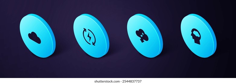 Set Isometric Head silhouette with cloud, Cloud download music, Recharging and Music streaming service icon. Vector