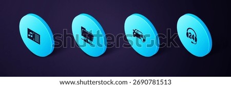 Set Isometric Headphone for support, Car protection insurance, FTP folder and Music book with note icon. Vector