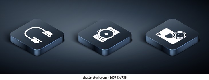 Set Isometric Headphones, Casino chip and playing cards and Photo camera icon. Vector