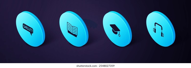 Set Isometric Headphones, Graduation cap, Open book and Salut in different languages icon. Vector