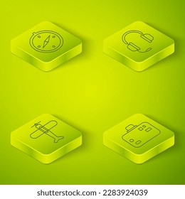 Set Isometric Headphones with microphone, Plane, Suitcase and Compass icon. Vector