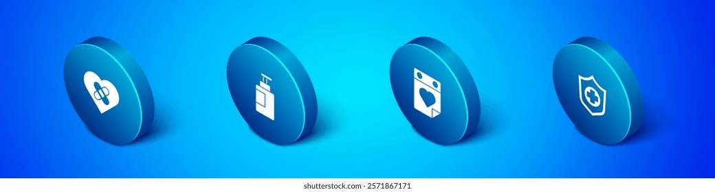 Set Isometric Healed broken heart, Doctor appointment, Life insurance hand and Hand sanitizer bottle icon. Vector