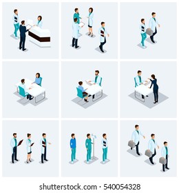 Set Isometric health care providers, surgeons, nurse, doctor kits Hospital 3D concept isolated on a light background.