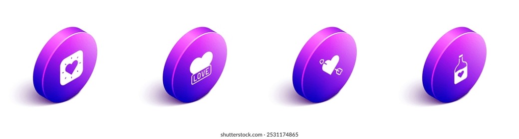 Set Isometric Heart, Amour with heart and arrow and Bottle love potion icon. Vector