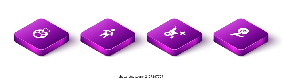 Set Isometric Heart with animals footprint, Volunteer, Wheelchair for disabled person and Donation and charity icon. Vector