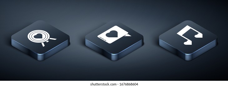 Set Isometric Heart in the center of darts target aim, Music note, tone with hearts and Like and heart icon. Vector