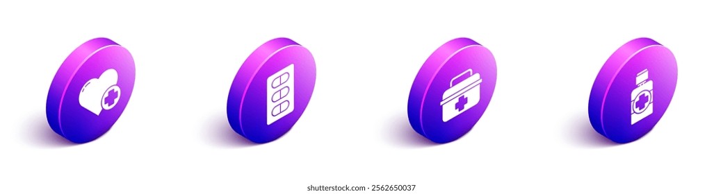 Set Isometric Heart with a cross, Pills in blister pack, First aid kit and Bottle of medicine syrup icon. Vector